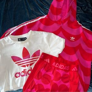 Adidas Marimekko Hoodie Tshirt Leggings Pink Red Set